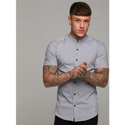 New Arrivals Summer Man Short Sleeve Shirt Solid Fitness Mens Stand Collar Super Slim Fit Business Dress Shirt Button Gym Tops