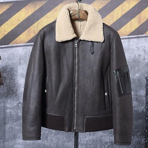 2019 New Mens B3 Shearling Jacket Sheepskin Coat Short Burst Crack Leather Jacket Mens Winter Coats
