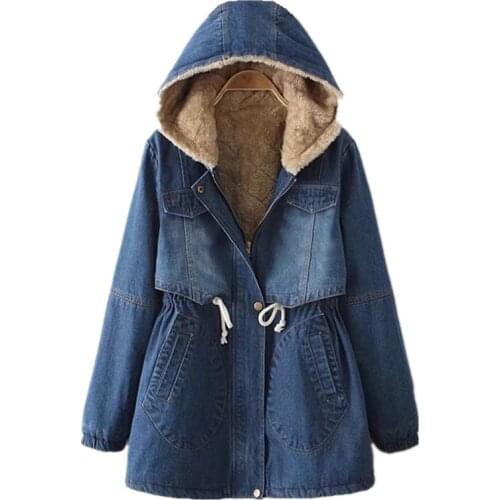 Autumn Winter Fleece Wool Thicken Warm Hooded Cotton Denim Coats Women Long Sleeve Loose Pockets Cardigan Long Jeans Jacket Tops