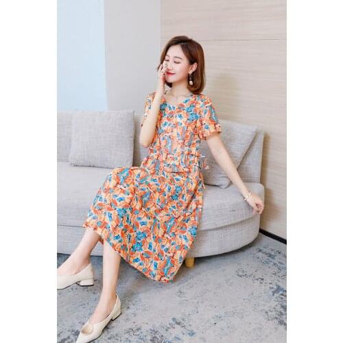 Retro Dress for Women New Summer Plus Size Womens Chiffon Lace-up Waist Floral Long Dress