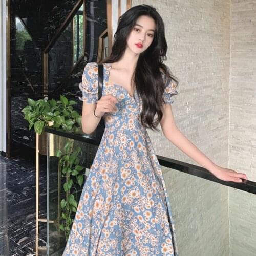 Dresses for Women Summer New Korean Version of Retro Small Daisy Floral Dress Female Waist Waist Was Thin A-line Skirt