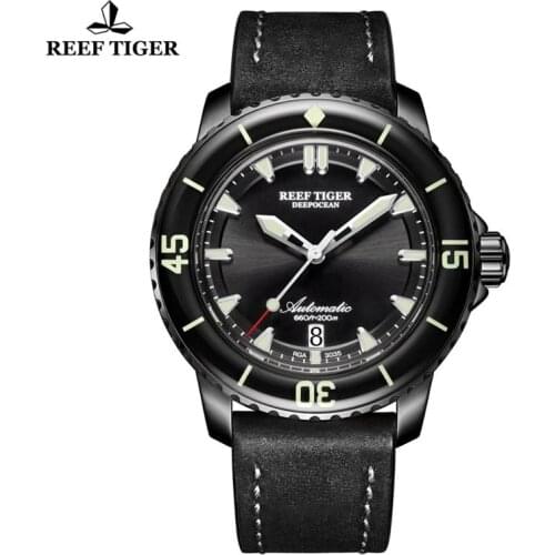 Reef Tiger/RT New Dive Sport Men Watches With Date Leather Strap Super Luminous Sapphire Glass Waterproof 200M Watch
