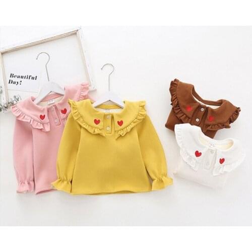 2019 Toddler Girl Shirts Autumn Winter Thicken Plus Velvet Long Sleeves Tops for Girls Kids Clothing Love Lapel Baby Child Shirt
