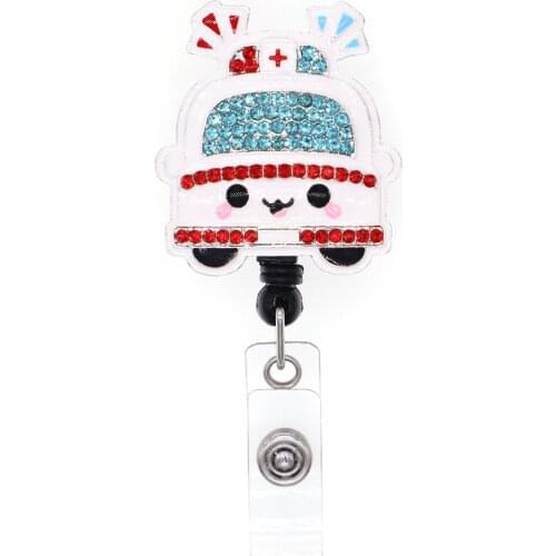 Rhinestone enamel Hospital Cute cartoon ambulance doctor/nurse Retractable ID Badge Holder reel for nurse accessories