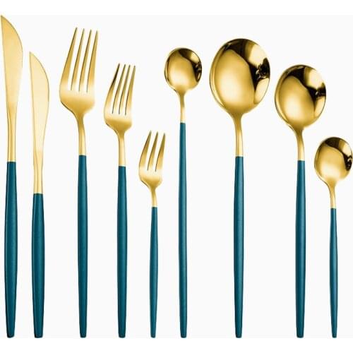 Green Gold Tableware for Kitchen Sets Knife Flatware Set Stainless Steel Cutlery Kitchen Fork Knife Spoon Utensils Dropshipping