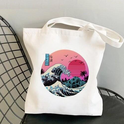Stylish Print Casual Harajuku Style Female Shoulder Bag Canvas Bags Large Capacity Tote Eco Reusable White Ladies Shopping Bags