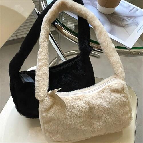 Simple Design Faux Fur Women Baguette Handbags Winter Furry Ladies Hobos Underarm Bag Soft Plush Female Small Shoulder Bags