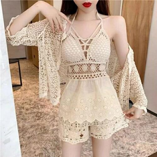 Viquinis mujer Split three-piece bikini hot spring swimsuit female goddess fan conservative knitted lace swimsuit bikini set