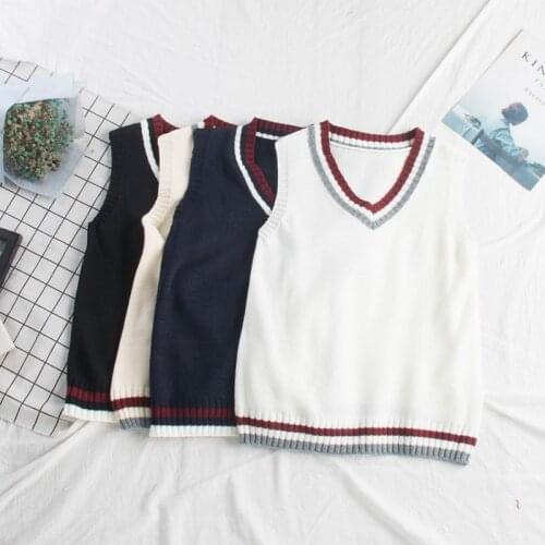 Spring Autumn Womens Korean Loose College Knitted Sweater Vest Outer V-Neck Sleeveless Vintage Top Ladies 2021 Fashion Clothes