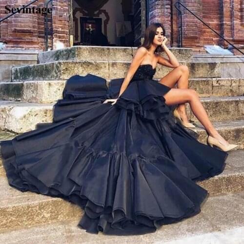 Sevintage Black High Low Evening Dress Sweetheart Sleeveless Prom Gowns Tiered Satin Backless Women Party Dress robe femme 2020