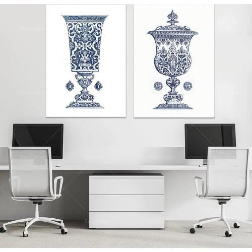 2 sets of blue and white porcelain, plant decoration, Chinese style vases, 1500s art, living room wall art, blue porcelain, indi