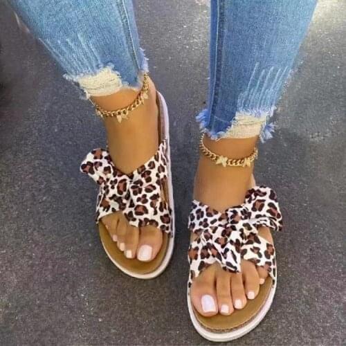 2021 Summer Leopard Sandals Women Bow Flat Sandals Large Size Platform Slippers Outdoor Sandals Zapatillas Muje Women Flip Flop