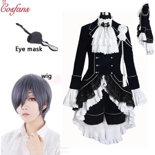 7PCS New Black Butler Cosplay Ciel Phantomhive Black women Cosplay Costume Halloween men Cosplay Costume and wig Eye mask