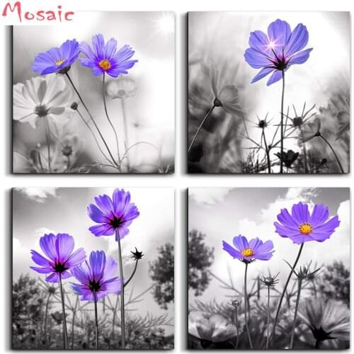 5D DIY Diamond Embroidery 4pcs Black and White purple flower Still Life diamond Painting Cross Stitch Diamond mosaic rhinestone