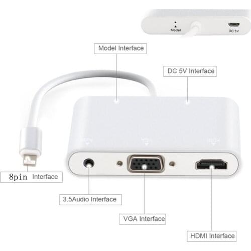 3in1 8 pin to VGA & HDMI Audio Adapter with Micro USB Power Supply Port & 3.5mm Audio Port for iPhone 7 8 Plus X 6 6s 5