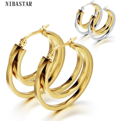 Gold Color Hiphop Big Hoop Earrings Stainless Steel Jewelry Simple Style Circle Round Huggie Earrings Women Gift For Her