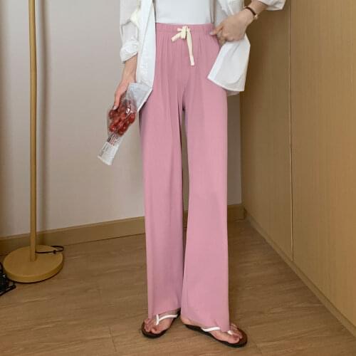 Casual Wide Leg Pants Women 2021 Summer Korean Style Streetwear Solid Drawstring Elastic Waist Thin Knit Long Trousers B390
