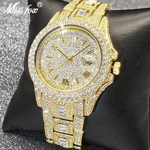 18K Gold MISSFOX Men Watches Top Luxury Iced Out Diamond Multifunction Adjust Watch Auto Calendar Week Display AAA Quartz Clock