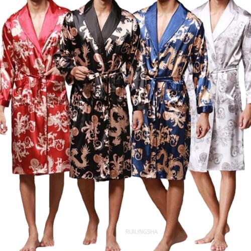 Fashion Mens Bathrobe Silk Kimono Long Sleeves Robe Chinese Lucky Dragon Print Pajamas Men Gown Bathrobe Men Homewear Sleepwear