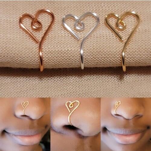 New Punk Heart Shape Nose Cuff Ring 2021 For Women Copper Wire Fake Piercing Gold Silver Color Clip Nose Ring Body Jewelry