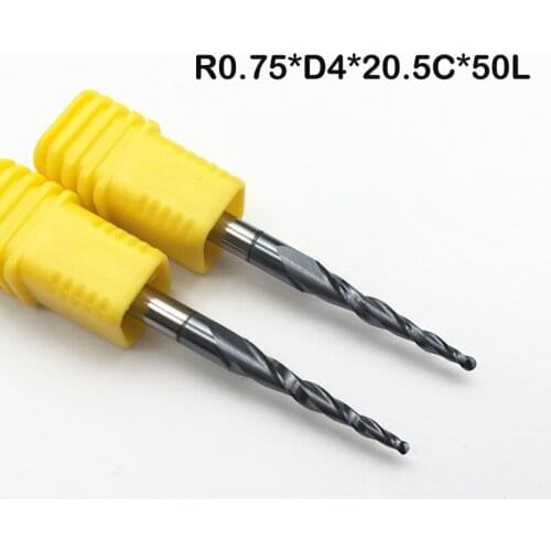 2* R0.75*D4*20.5*50L*2F HRC55 Tungsten solid carbide Taper Ball Nose End Mill cone milling cutter cnc router bit wood knife tool