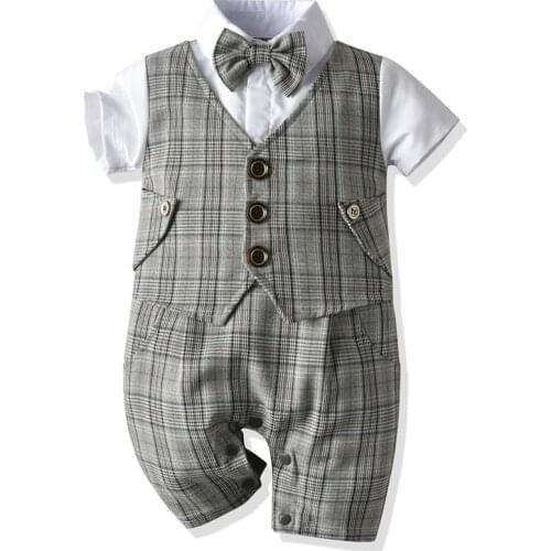 Baby Boy Christening Birthday Outfit Kids Plaid Suits Newborn Gentleman Wedding Bowtie Formal Clothes Infant Summer Clothing Set