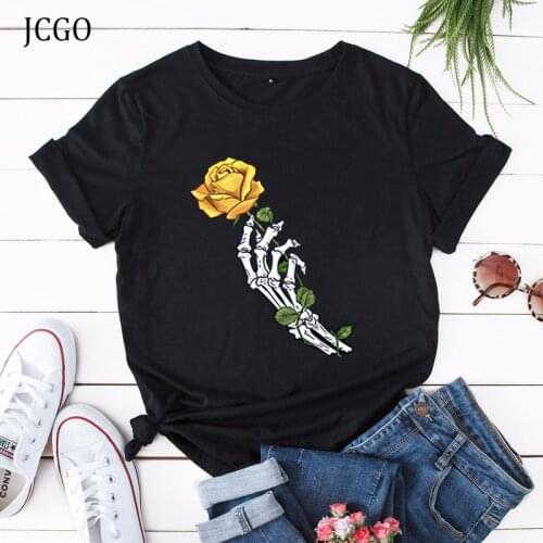 JCGO Summer T-Shirt Women Plus Size S-5XL Cotton Skull Hand Rose Floral Print Short Sleeve Tshirts Casual Lady Basic Tee Tops