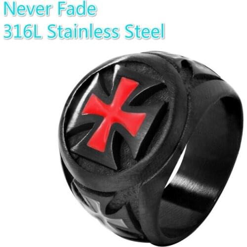 Never Fade Mens Ring Black color Stainless Steel Red Armor Shield Knight Templar Crusader Cross Ring Punk Jewelry Drop Shipping