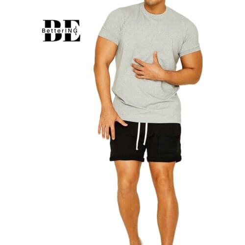 2021 Mens Summer Round Collar Fitness Leisure Sports Suit Slim Running Suit Mens Solid Color Cotton T-shirt Burr Edge Shorts