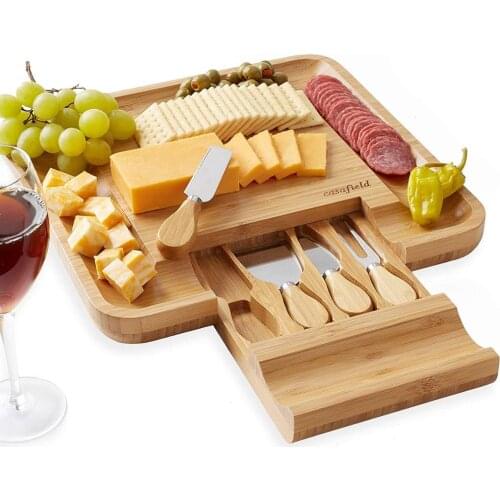 Bamboo Cheese Board Set with Cutlery in Slide-Out Drawer includ 4 Cheese Knife ,Charcuterie Board,Serving Tray Kitchen Tools