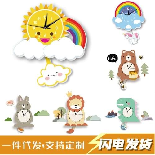 Cartoon Rocket rainbow animal Wall Clock Wall Sticker For Children Room Kindergarten Home Decals DIY Pendulum Watch 14.9 inch