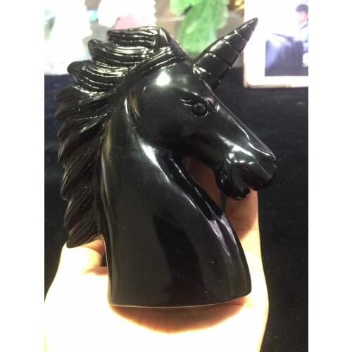 Natural obsidian Handcrafted Unicorn Skull Figurine, Healing Energy Carved Crystal Gemstone