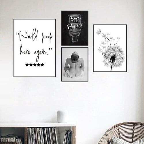 Would Poop Here Again Canvas Wall Art Toilet Poster Dandelion Black And White Wall Prints Funny Quotes Bathroom Decor