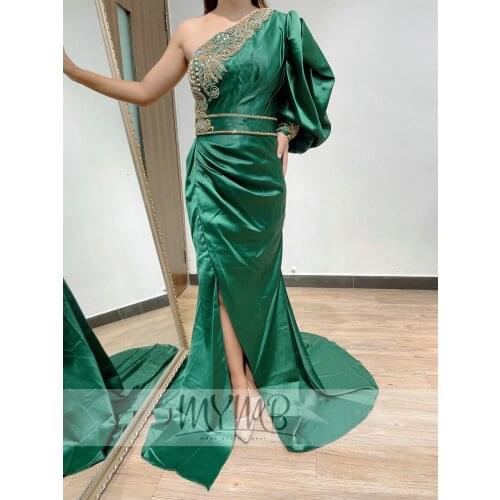 2021 Luxury Dubai Emerald Green Mermaid Pleated Evening Dress One Sleeve Desugner Prom Formal Dresses for Wedding Party Gowns