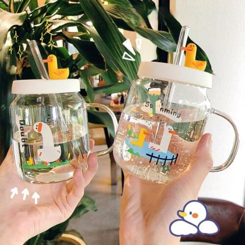 500ml Duck Straw Water Cup Heat Resistant Household Lovely Girl Heart Coffee Mug High Borosilicate Glass Milk Water Bottle