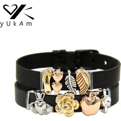 YUKAM Jewelry Crystal Double Hearts Flower Angel Wings Leaf Apple Claddagh Slide Charms Keeper for Bracelets Accessories Making