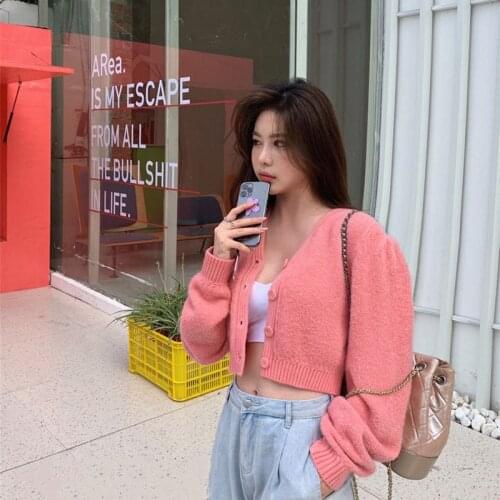 Women Sweater Pink Blue Short Cardigan Knitted Sweater V-Neck Long Sleeve Loose Knitted Jacket Streetwear Plus Size jumper 2021