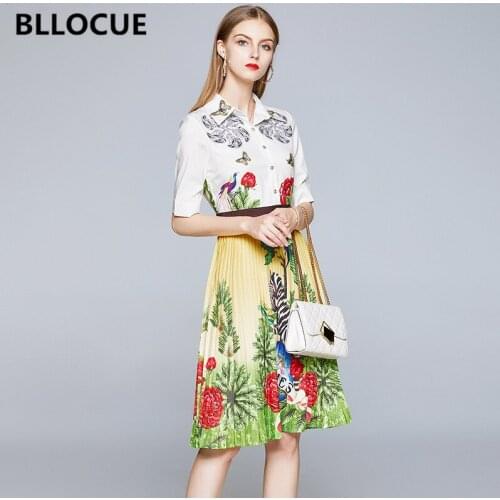 BLLOCUE 2020 Summer Fashion Runway Shirt Dress Womens Short Sleeve Butterfly Zebra Animal Flower Print Vintage Pleated Dress