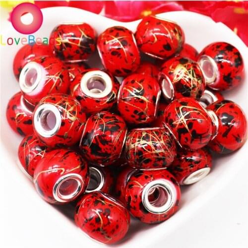 10Pcs Red Color Round European Flower Charms Murano Glass Big Hole Beads Spacer for Jewelry Making Fit Pandora Charm Bracelet