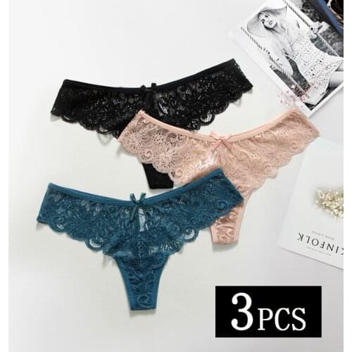 3 Pieces Sexy Lace Transparent Thongs Low Waist Cotton Briefs Underwear Women Soft and Breathable Super Thin T-String Lingerie