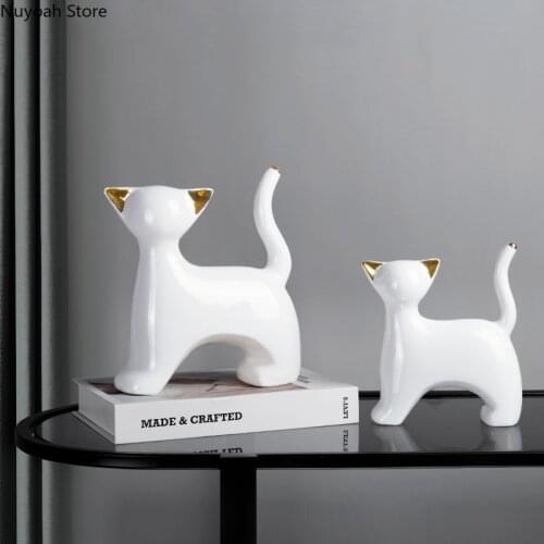 White Ceramic Cat Ornaments Cute Kitten Desktop Decoration Animal Statue Craft Simple Living Room Home Decoration Accessories