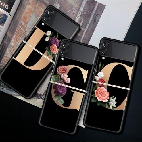 For Samsung Galaxy Z Flip 3 5G Case Luxury Matte Black Hard Phone Cover ZFlip 3 Shockproof Fundas Shell Stylish Flowers Letters