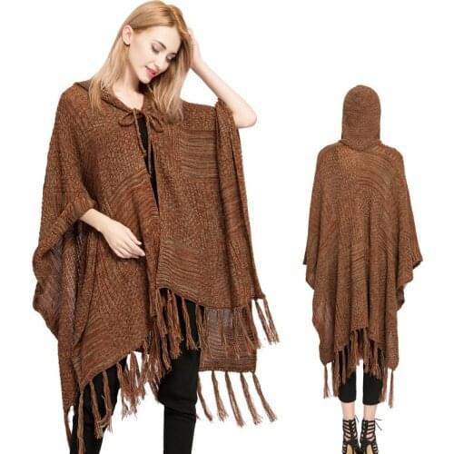 Women Poncho Shawls Wraps Pashmina Cloak Knitted Sweater Coat Tassels Cape Sleeves Cashmere Tassel Ponchos Mujer Hooded Shawl