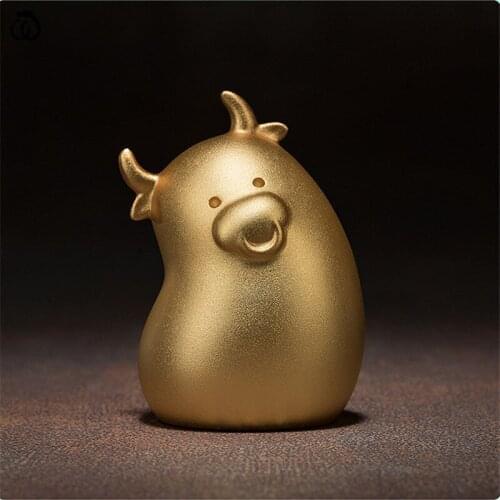 WU CHEN LONG Chinese Full Copper Gold Ox Sculpture Animal Cattle Figurines Pure Brass Craft Home Decoration Mascot Gift R6368