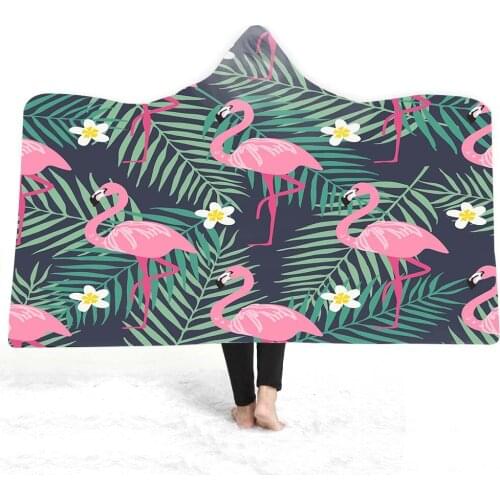 Flamingo flower leaves Printed Hooded Blanket for Adults Kid Sherpa Fleece Wearable Throw Blanket Microfiber Plaids150*200cm