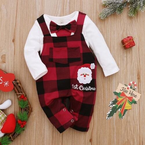 Ma&Baby 0-12M Newborn Infant Baby Boy My 1st Christmas Clothes Set Bow Rompers Plaid Jumpsuit Overalls Outfits Xmas Costume DD40