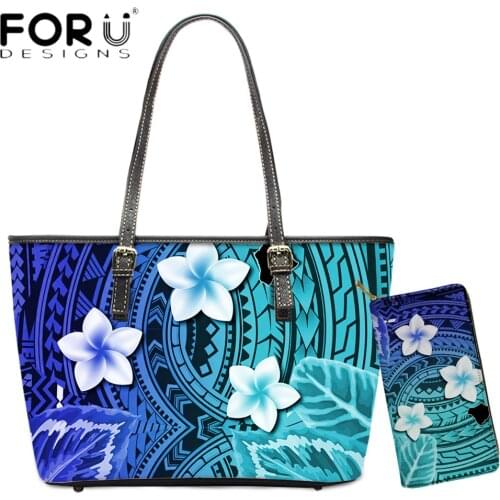 FORUDESIGNS Womens PU Leather 2pcs Handbags Set Gradient Hawaii Plumeria Floral Print Casual Money Purse Lady Shoulder Sac
