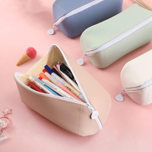 Candy color leather pencil case large capacity school Pencil cases girl student pen case cute stationery box big storage bag pen