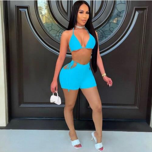 Summer Beach Bikini Solid 2 Piece Set Sexy Halter Lace Up Bra Crop Top + Cut Out Shorts Swimming Pool Club Clothes Plus Size XXL