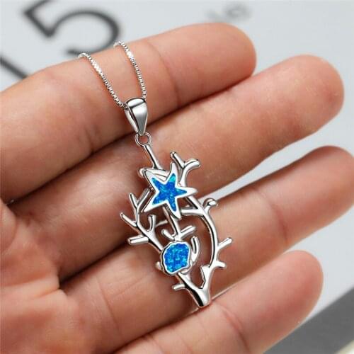Cute Coral Starfish Shell Wedding Necklace Dainty Female Blue Opal Pendant Necklace Charm Silver Color Chain Necklaces For Women